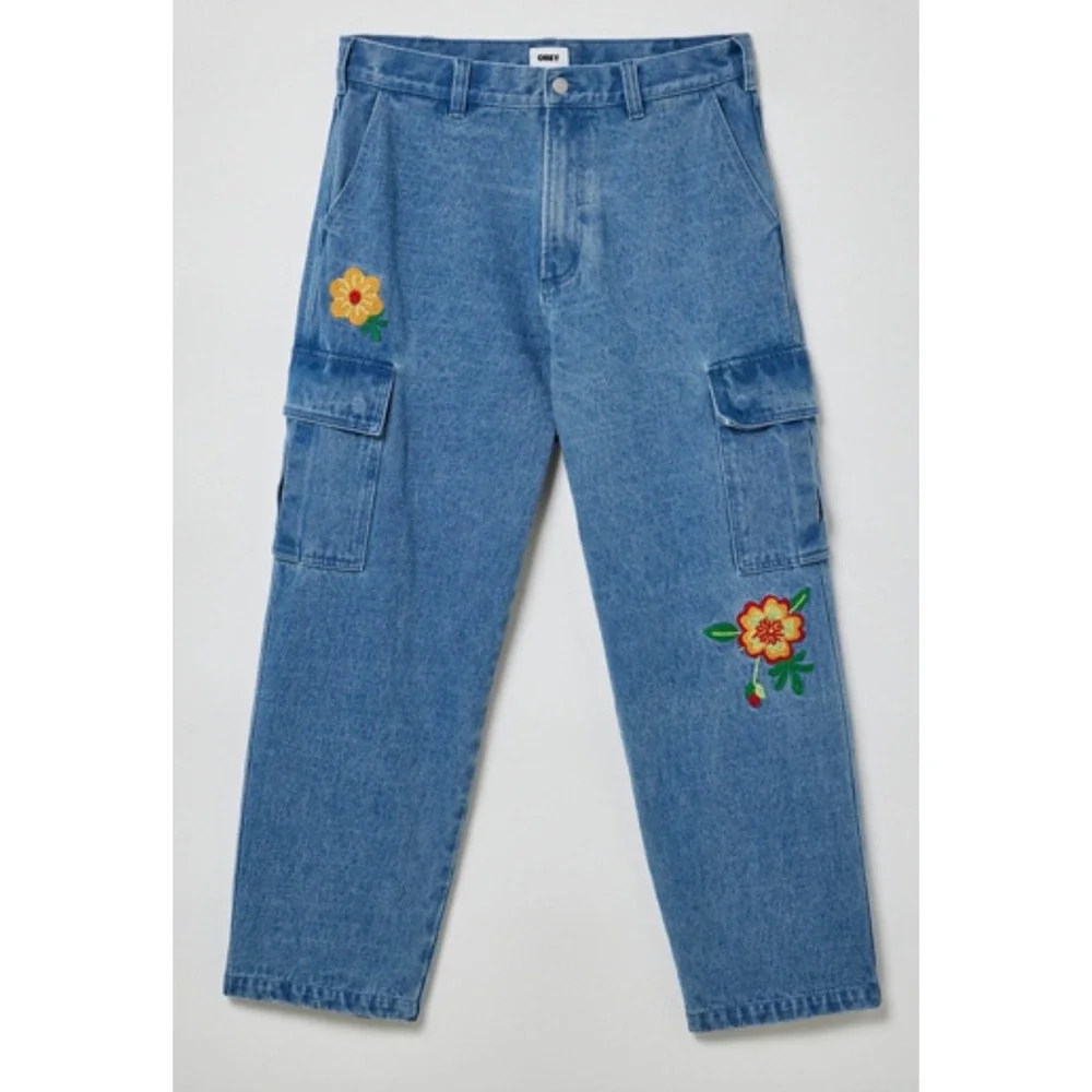 Obey Floral Embroidered Bigwig Cargo Jeans Medium Wash Wide Leg Size 30